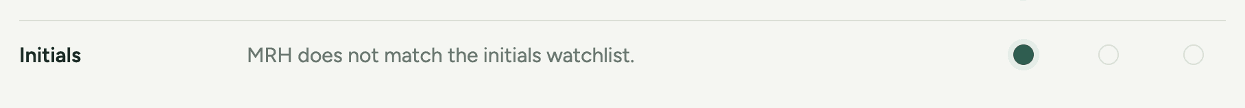 Report finding: initials are clear, MRH does not match the watchlist.